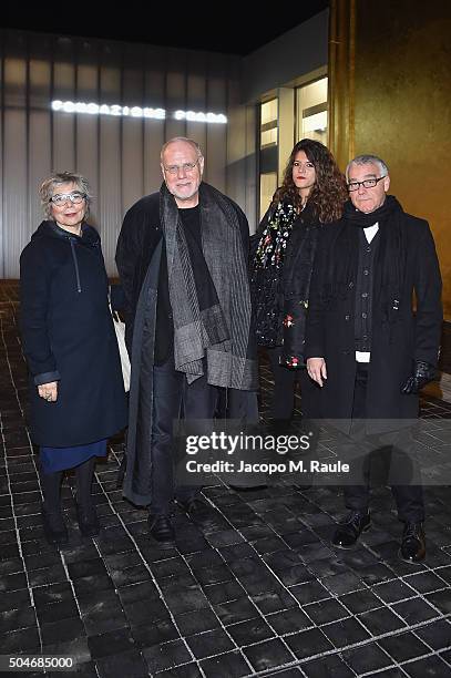 Alessandra Mammi, Marco Muller, guest, Marco Scotini attend the opening 'Flesh, Mind and Spirit' at Fondazione Prada on January 12, 2016 in Milan,...