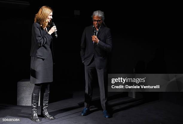 Astrid Welter and Elvis Mitchell attend the opening 'Flesh, Mind and Spirit' at Fondazione Prada on January 12, 2016 in Milan, Italy.