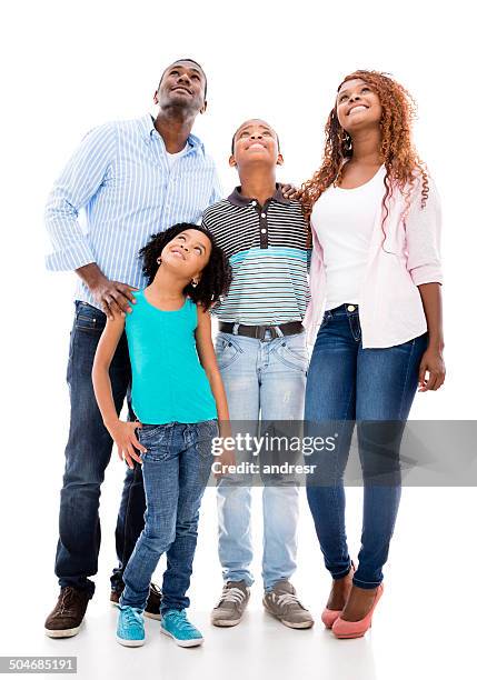 thoughtful family looking up - four people white background stock pictures, royalty-free photos & images