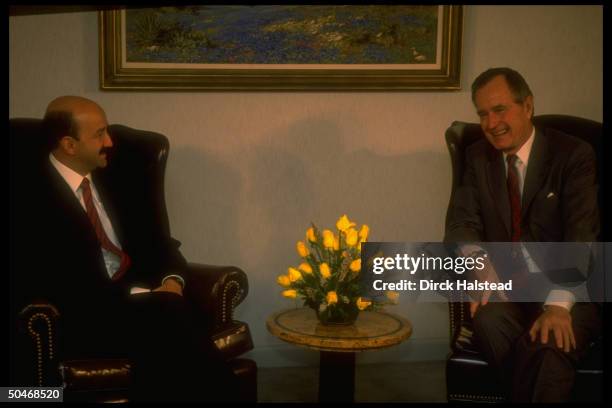 Pres. Bush sitting mtg. W. Mexican Pres. Carlos Salinas de Gortari, having private chat during drug summit w. Latin ldrs.