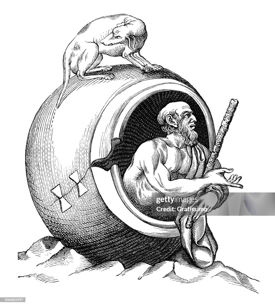 Diogenes Of Sinope in wine barrel with dog