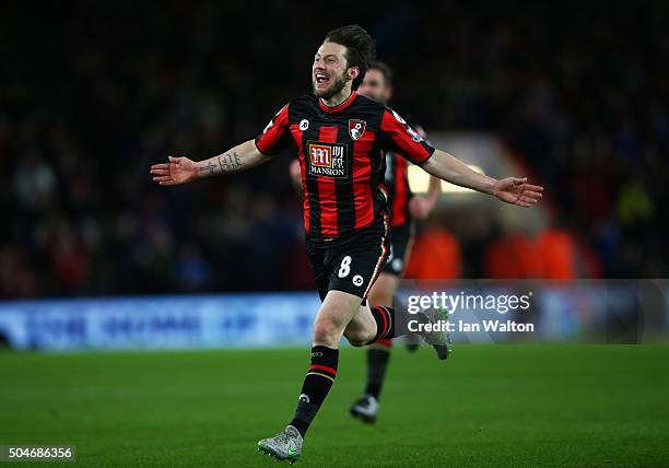 Harry Arter of Bournemouth celebrates as he scores their first goal during the Barclays Premier League match between A.F.C. Bournemouth and West Ham...