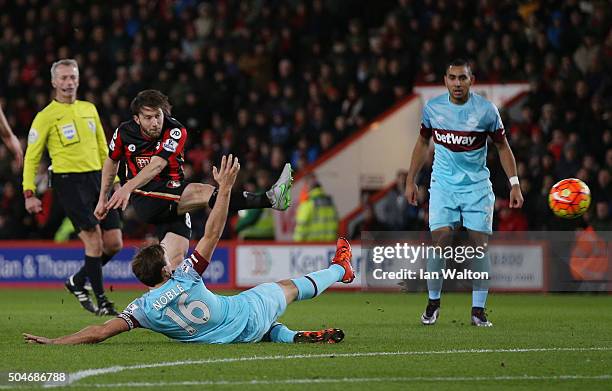 Harry Arter of Bournemouth shoots past Mark Noble of West Ham United as he scores their first goal during the Barclays Premier League match between...