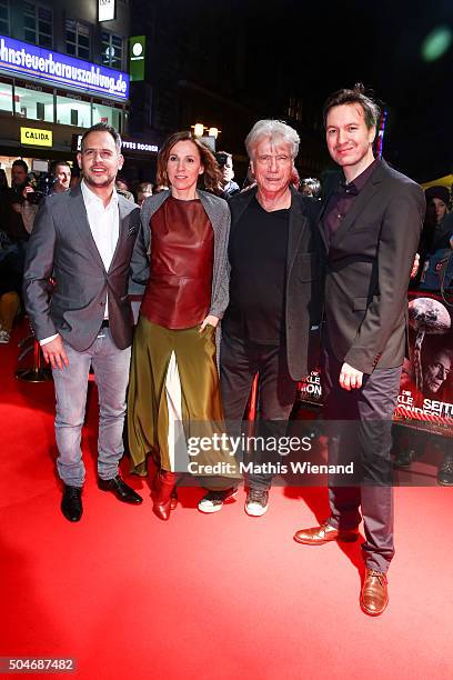 Moritz Bleibtreu, Doris Schretzmayer, Juergen Prochnow, Stephan Rick attend the premiere for the film 'Die dunkle Seite des Mondes' at Lichtburg on...