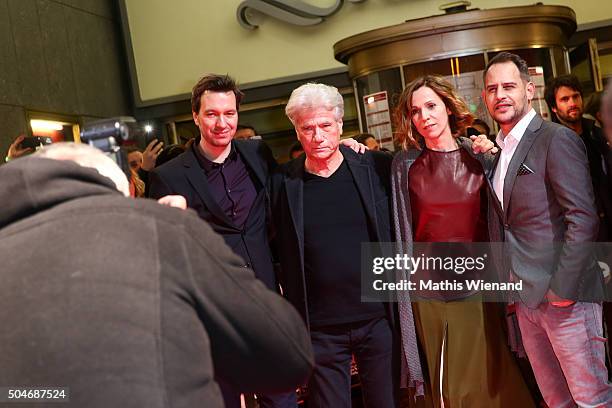 Stephan Rick, Juergen Prochnow, Doris Schretzmayer, Moritz Bleibtreu attends the premiere for the film 'Die dunkle Seite des Mondes' at Lichtburg on...