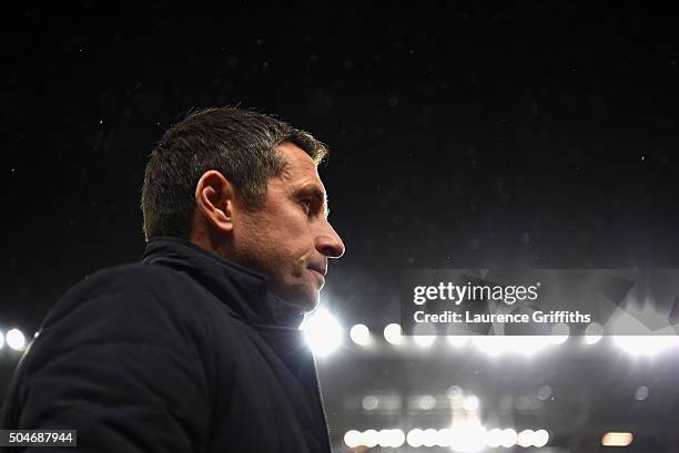 Remi Garde of Aston Villa looks on prior to the Barclays Premier League match between Aston Villa and Crystal Palace at Villa Park on January 12,...