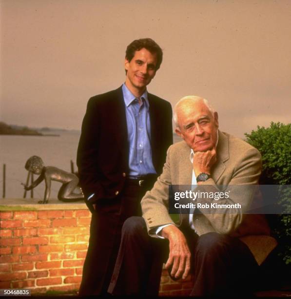 Fortune magazine editor Peter Petre and former IBM chmn. Thomas Watson Jr. , co-authors of FATHER, SON & CO., at Watson's home, Connecticut, 1990.