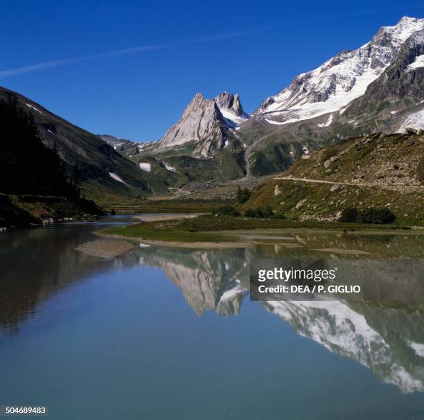 Lake Combal, the Piramidi Calcaree on the left, Mont Blanc massif, Aosta Valley, Italy.