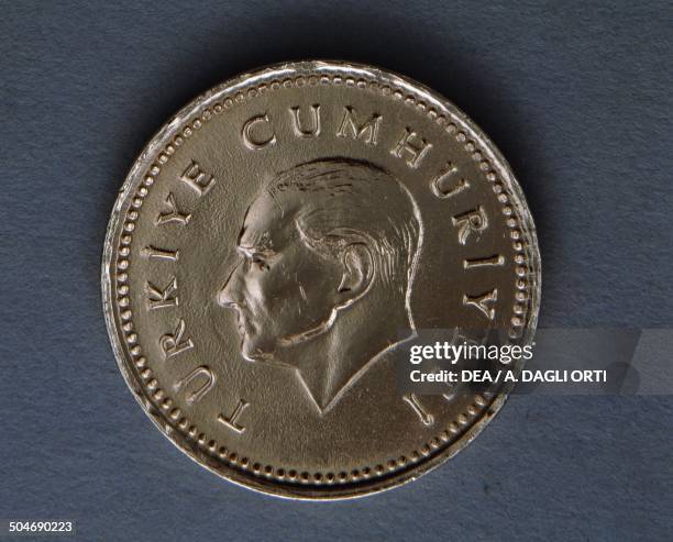 Lira coin obverse, portrait of Mustafa Kemal Ataturk . Turkey, 20th century.