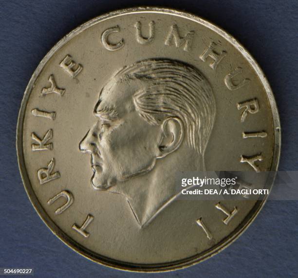 Lira coin obverse, portrait of Mustafa Kemal Ataturk . Turkey, 20th century.