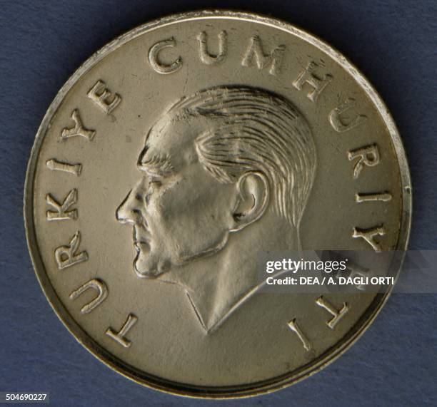 Lira coin obverse, portrait of Mustafa Kemal Ataturk . Turkey, 20th century.