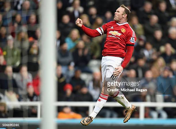 Wayne Rooney of Manchester United celebrates as he scores their third goal during the Barclays Premier League match between Newcastle United and...