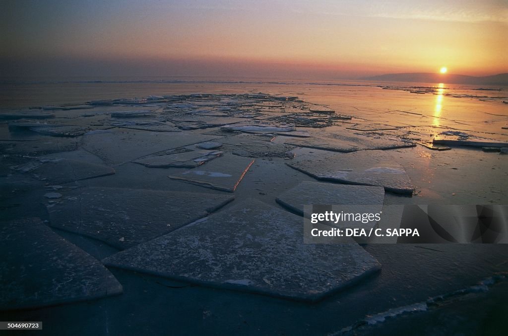 Frozen Lake Balaton at sunset...