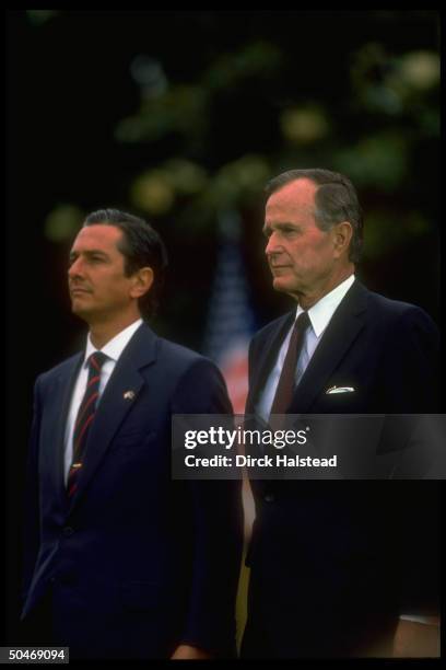 Pres. Bush & Brazilian Pres. Fernando Collor de Mello standing solemnly, poised outside during WH arrival/departure fete.