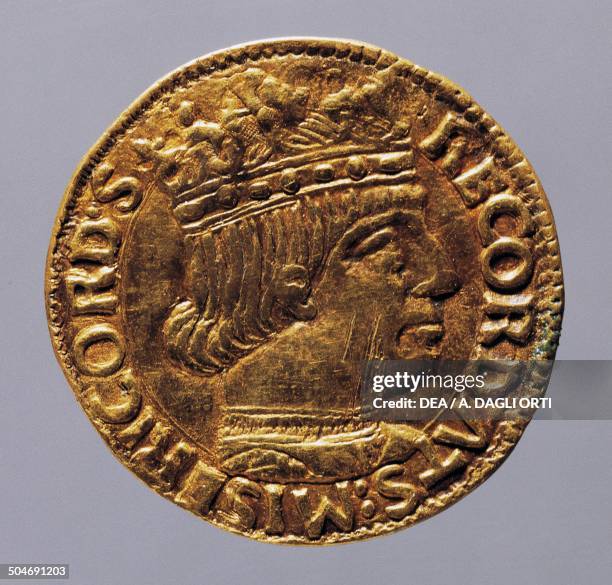 Gold ducat of Ferdinand I of Aragon , obverse. Kingdom of Naples, 15th century. Padova, Musei Civici Eremitani, Museo D'Arte Medievale E Moderna