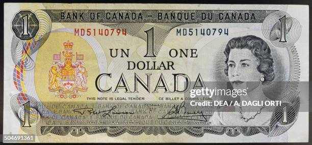 Dollar banknote obverse, queen Elizabeth II . Canada, 20th century.