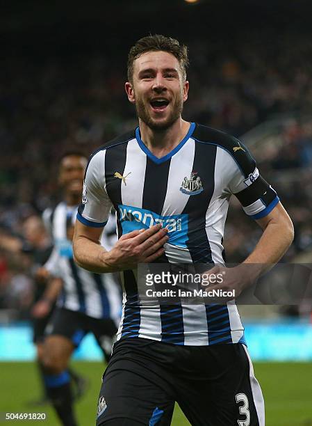 Paul Dummett of Newcastle United celebrates as he scores their third and equalising goal during the Barclays Premier League match between Newcastle...