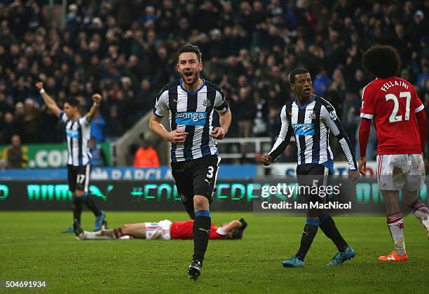 Paul Dummett of Newcastle United celebrates as he scores their third and equalising goal during the Barclays Premier League match between Newcastle...