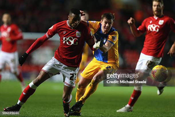 Jonathan kodjia of Bristol City challenged by Paul Huntington of Preston North End during the Sky Bet Championship match between Bristol City and...