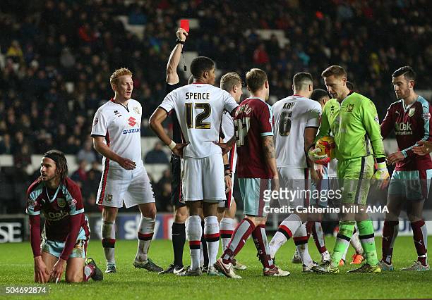 Antony Kay of MK Dons is shown a red card and sent off during the Sky Bet Championship match between MK Dons and Burnley at Stadium mk on January 12,...