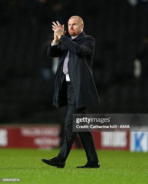 Sean Dyche manager of Burnley applauds after the Sky Bet Championship match between MK Dons and Burnley at Stadium mk on January 12, 2016 in Milton...