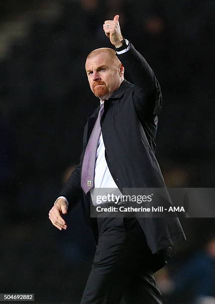 Thumbs up from Sean Dyche manager of Burnley after the Sky Bet Championship match between MK Dons and Burnley at Stadium mk on January 12, 2016 in...