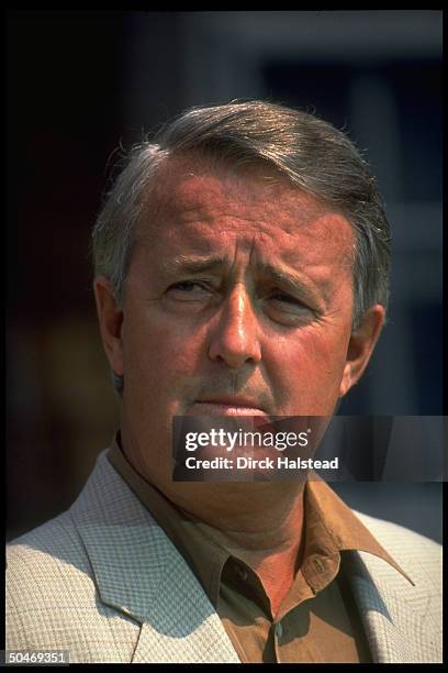 Canadian PM Brian Mulroney, open-neck-shirt-casual, paying call on Pres. Bush in Kennebunkport, ME.