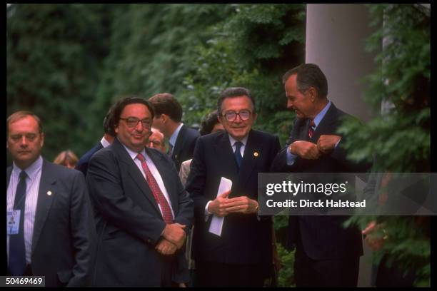 Pres. Bush, Italian PM Andreotti & For. Min. De Michelis arriving for G7 summit.