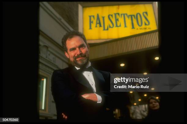 Composer/lyricist William Finn outside John Golden Theater where his musical Falsettos is playing.