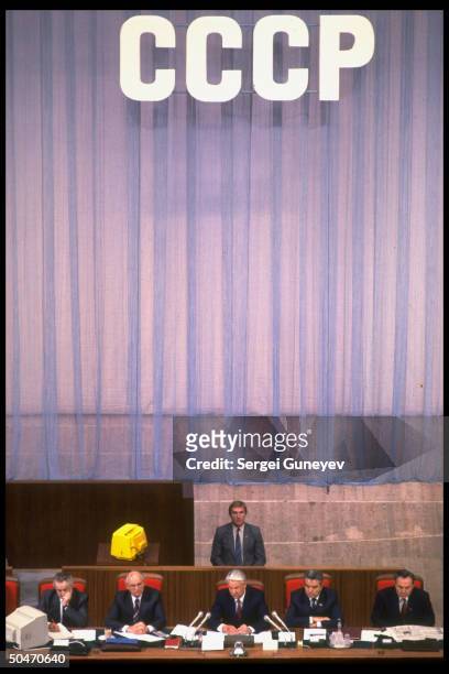 Of final sessions of Congress of People's Deputies presided over by USSR ldrs.: Nursultan , Yeltsin & Soviet Pres. Gorbachev .