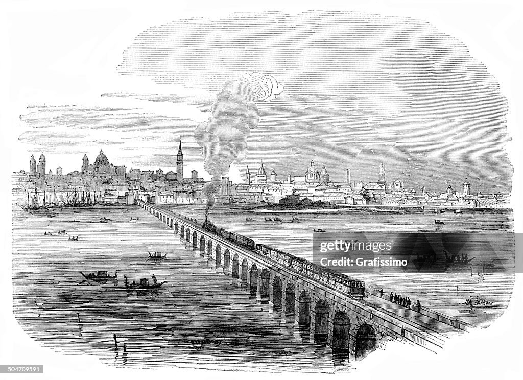 Aerial view of Venice Italy with railroad bridge