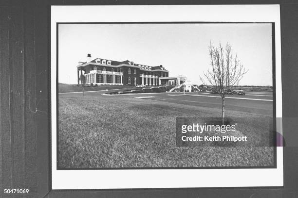 Overall view of large building at Terradyne complex that served as HQ for church builder Roe Messner, a friend & business associate of PTL leader Jim...
