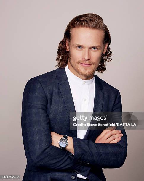 Actor Sam Heughan poses for a portrait at the BAFTA Los Angeles Awards Season Tea at the Four Seasons Hotel on January 9, 2016 in Los Angeles,...