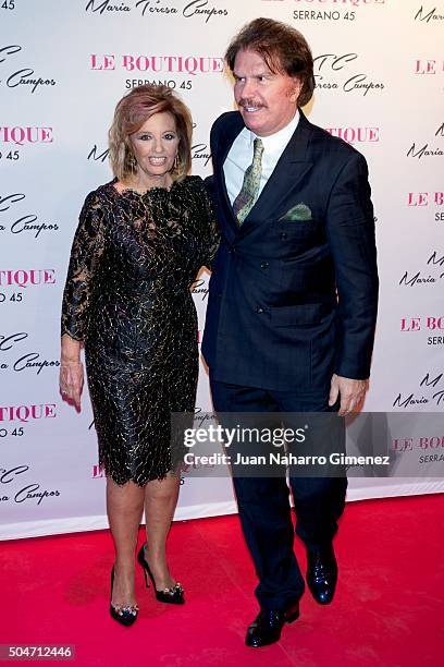 Maria Teresa Campos and Edmundo Arrocet attend 'MTC' shoes presentation by Maria Teresa Campos at Le Boutique on January 12, 2016 in Madrid, Spain.