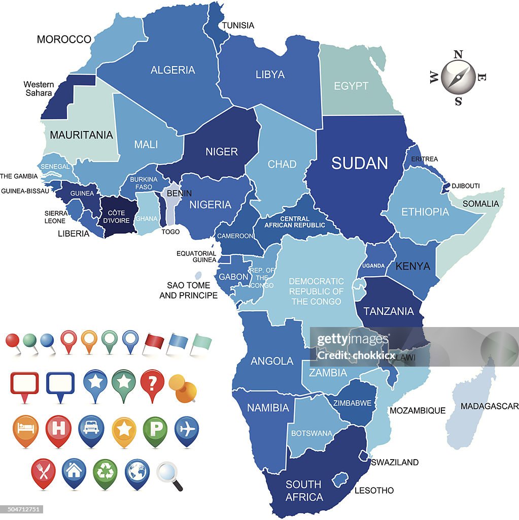 África mapa gps com vários ícones de