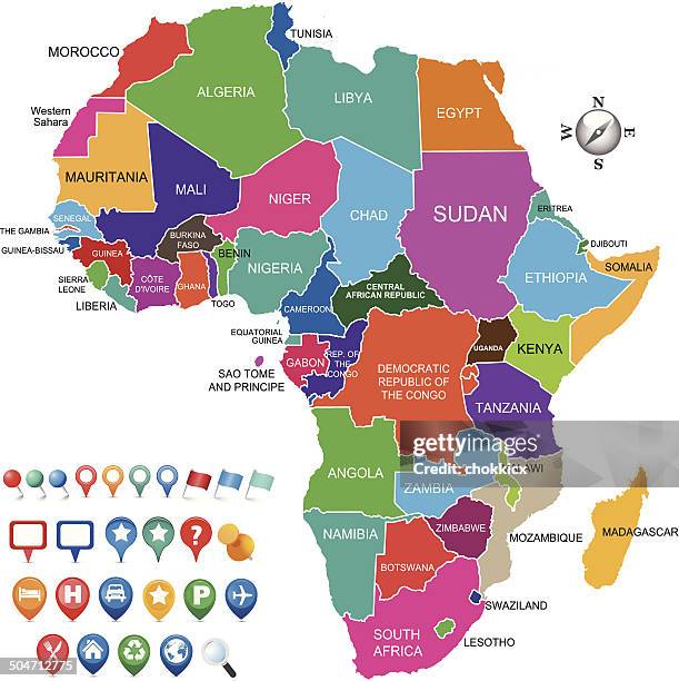 illustrazioni stock, clip art, cartoni animati e icone di tendenza di mappa di africa colorato con varie icone di gps - guinea