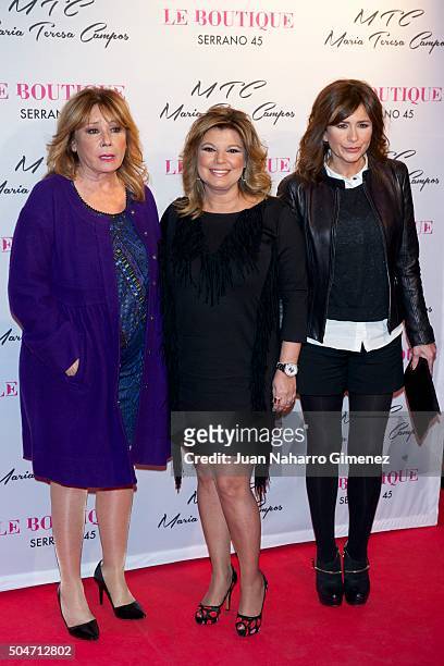 Mila Ximenez, Terelu Campos and Gema Lopez attend 'MTC' shoes presentation by Maria Teresa Campos at Le Boutique on January 12, 2016 in Madrid, Spain.