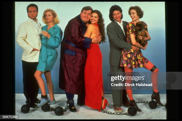 Actors Sean Young, Richard Lewis, Ornella Muti, John Candy, Cybill Shepherd, & James Belushi in publicity still for motion picture Once Upon A Crime..