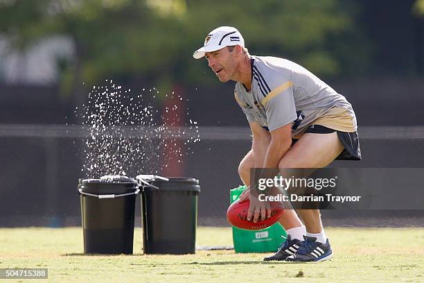 Senior coach Alastair Clarkson look on during a Hawthorn Hawks AFL pre-season training session at Waverley Park on January 13, 2016 in Melbourne,...