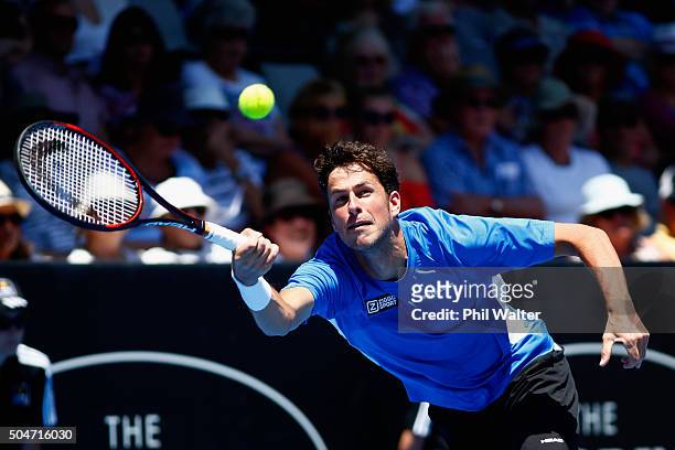 Robin Haase of the Netherlands plays a forehand against Kevin Anderson of South Africa on Day 3 of the ASB Classic on January 13, 2016 in Auckland,...