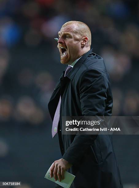 Sean Dyche manager of Burnley during the Sky Bet Championship match between MK Dons and Burnley at Stadium mk on January 12, 2016 in Milton Keynes,...