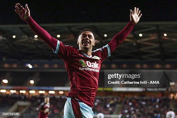 Andre Gray of Burnley celebrates after scoring to make it 0-3 during the Sky Bet Championship match between MK Dons and Burnley at Stadium mk on...