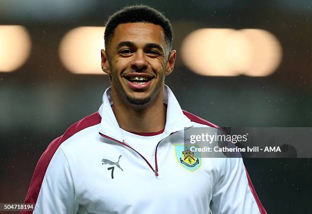 Smiling Andre Gray of Burnley before the Sky Bet Championship match between MK Dons and Burnley at Stadium mk on January 12, 2016 in Milton Keynes,...