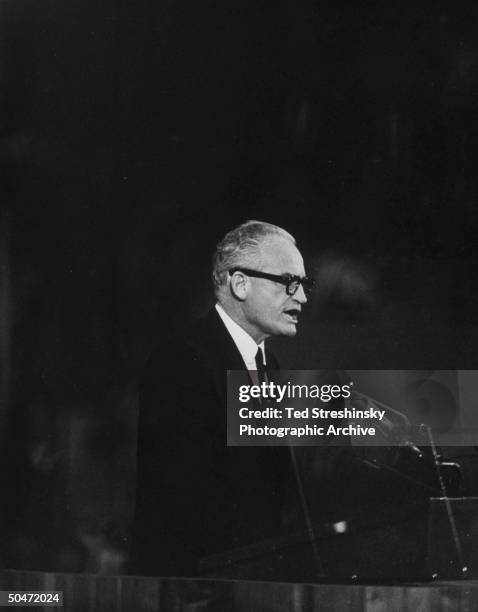 Sen. & presidential cand. Barry Goldwater speaking at podium during GOP Natl. Convention, at Cow Palace.