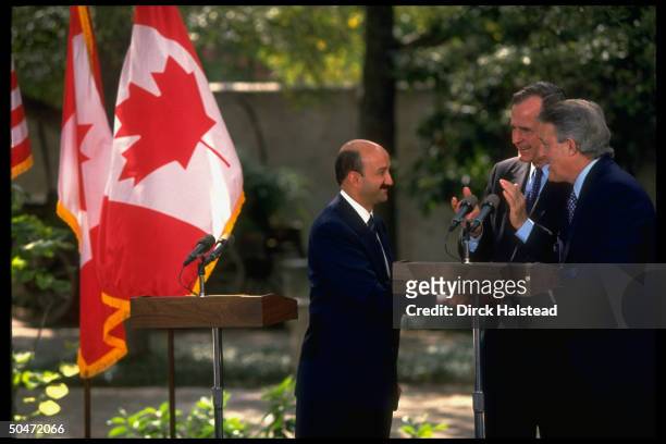 Canadian Pres. Mulroney, Pres. Bush & Mexican Pres. Salinas de Gortari during NAFTA treaty signing fete.