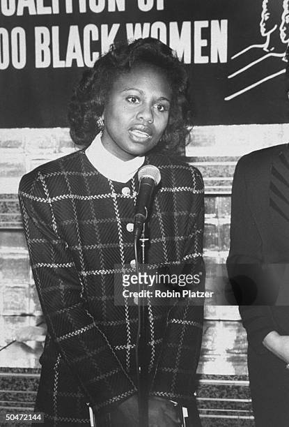 Anita Hill, challenger of the Supreme Court nomination of Clarence Thomas, speaking at an event sponsored by the National Coalition of 100 Black...