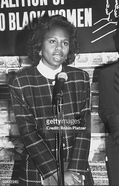 Anita Hill, challenger of the Supreme Court nomination of Clarence Thomas, speaking at an event sponsored by the National Coalition of 100 Black...