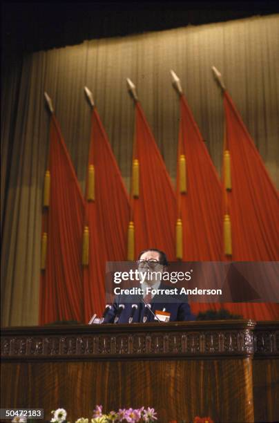 Party Gen. Secy. Jiang Zemin delivering opening speech at 14th Communist Party Congress.