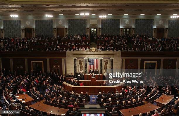 President Barack Obama delivers the State of the Union speech before members of Congress in the House chamber of the U.S. Capitol January 12, 2016 in...