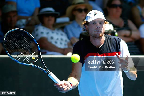 Matthew Barton of Australia plays a forehand against David Ferrer of Spain on Day 3 of the ASB Classic on January 13, 2016 in Auckland, New Zealand.